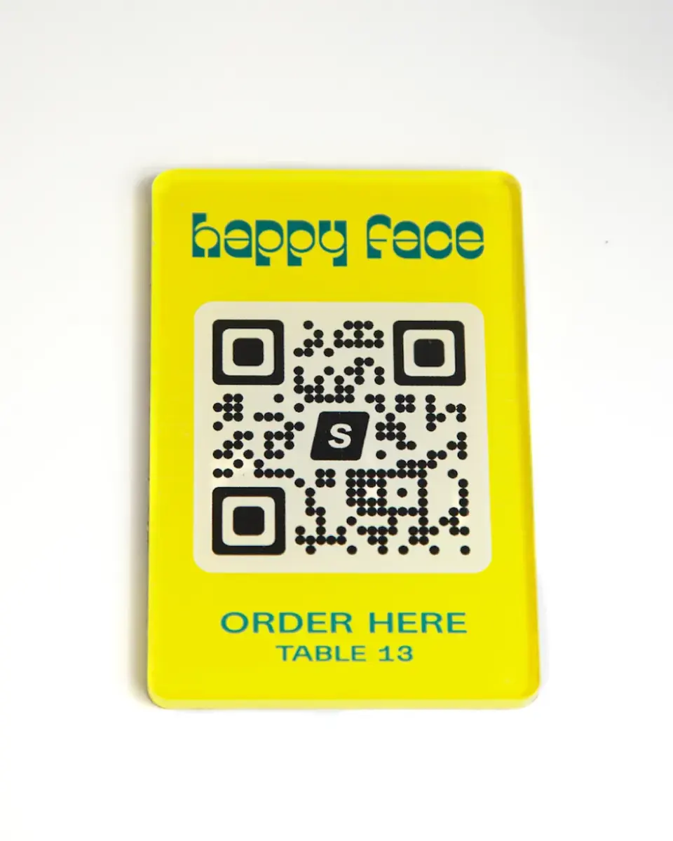 Yellow Perspex plate for Happy Face with a QR code to order