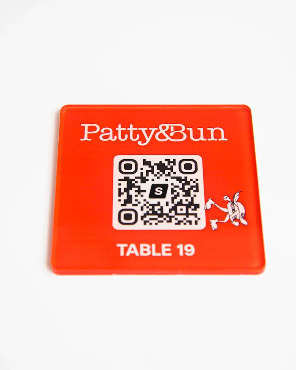 Red Perspex square for Patty & Bun with a QR code and table number